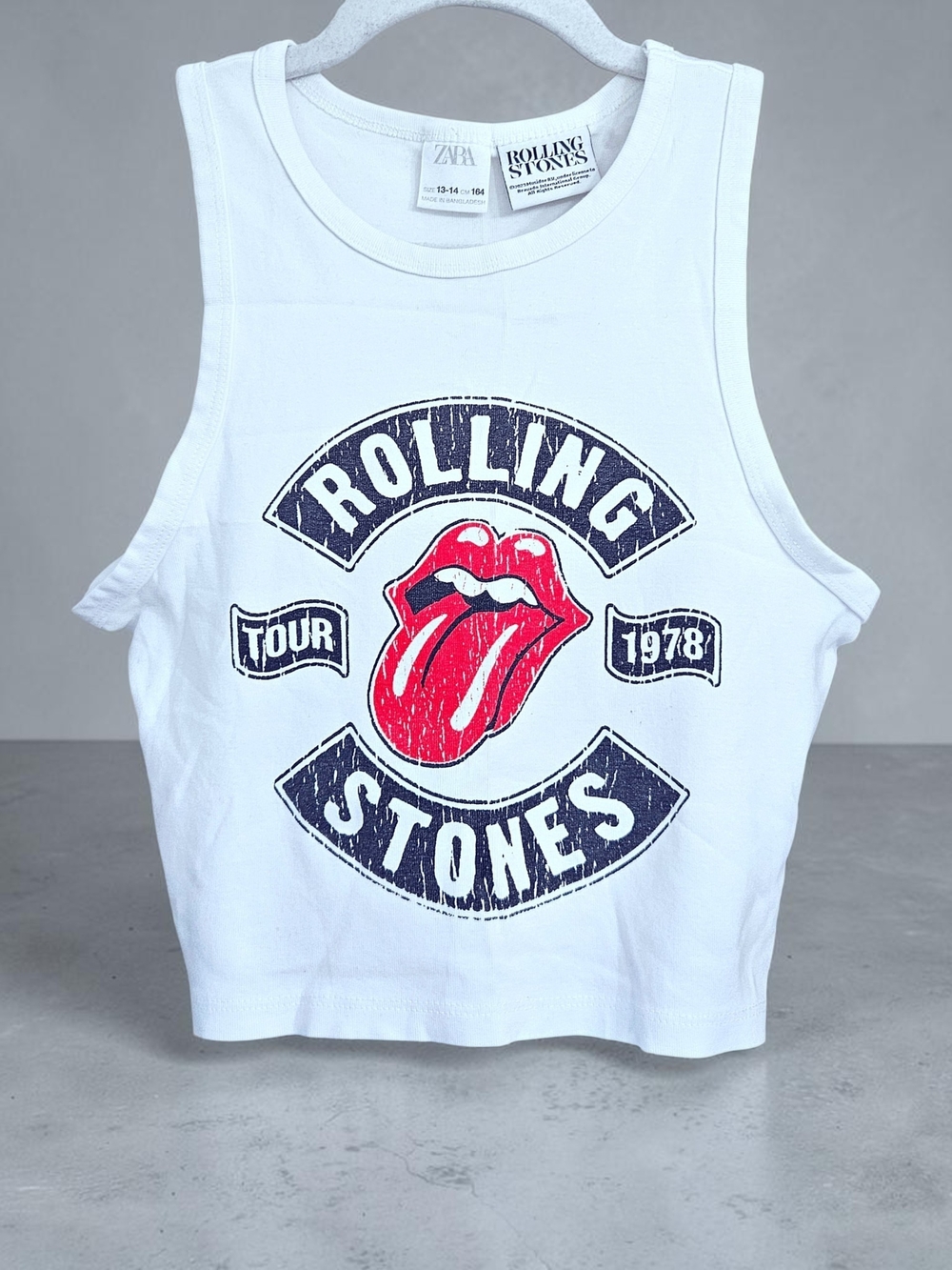 ZARA Rolling Stones White Cropped Band Tank Top Red Tongue Graphic Size 13-14